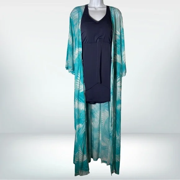 Jantzen 3/4 Sleeve Woven Maxi Duster Cover Up Teal Palm Size M NWT - Picture 6 of 10